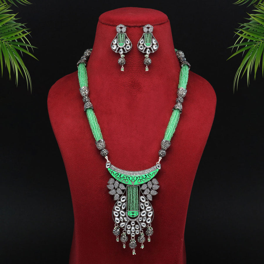 Pista Green Color Premium Black Metal Monalisa & AD Stone Brass NecklaceSet Pista Green Color Premium Black Metal Monalisa & AD Stone Brass NecklaceSet