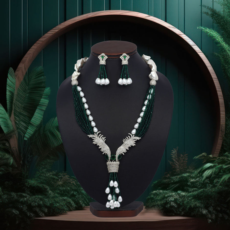 Green Color Monalisa Stone Premium American Diamond Long Necklace Set Green Color Monalisa Stone Premium American Diamond Long Necklace Set