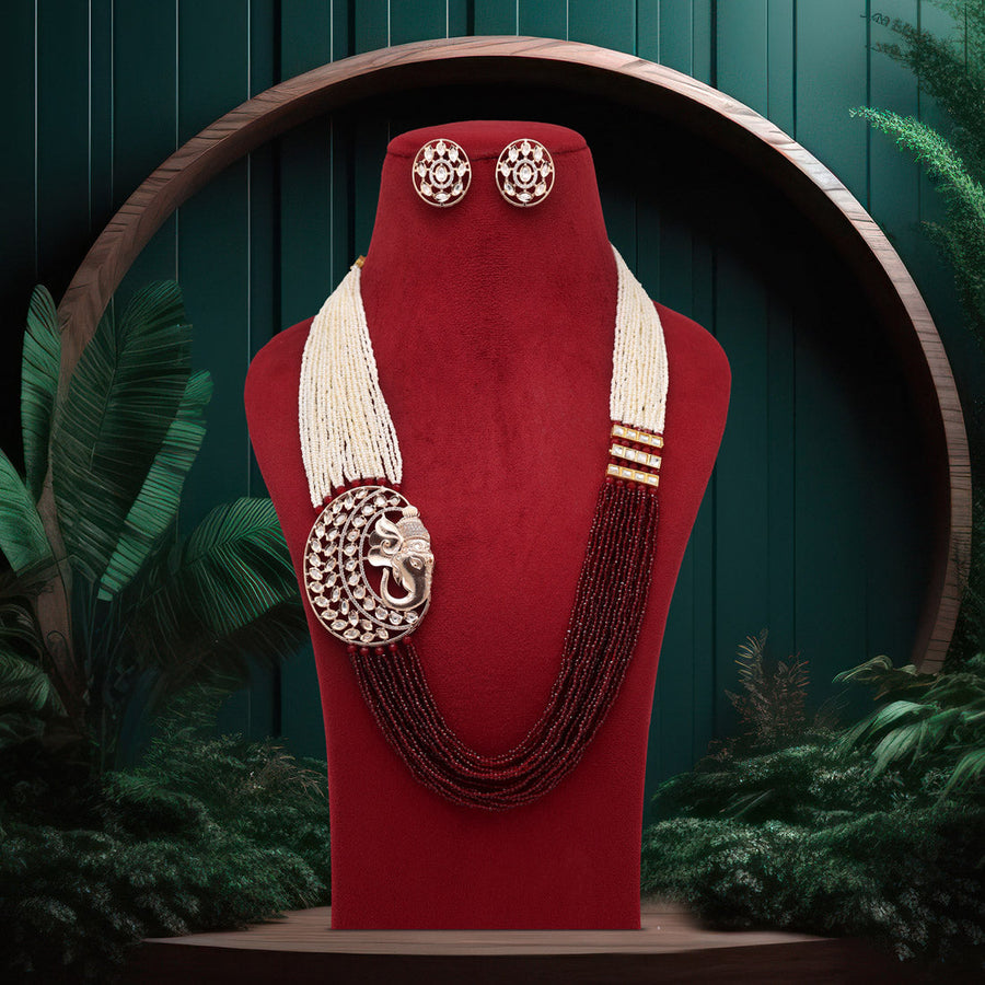 Premium Maroon Color American Diamond Long Necklace Set - Ganeshji, Temple Premium Maroon Color American Diamond Long Necklace Set - Ganeshji, Temple