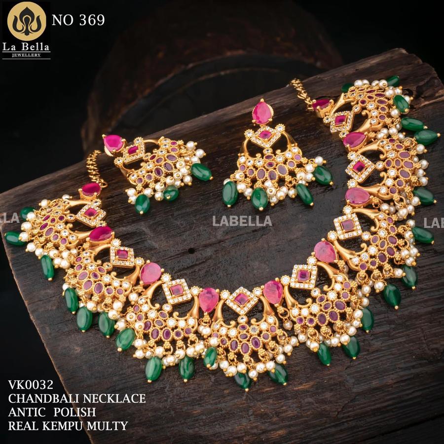 Lovely Chaandbali Gold FinishDesigner Necklace with Green Hanging Beads!!!!
