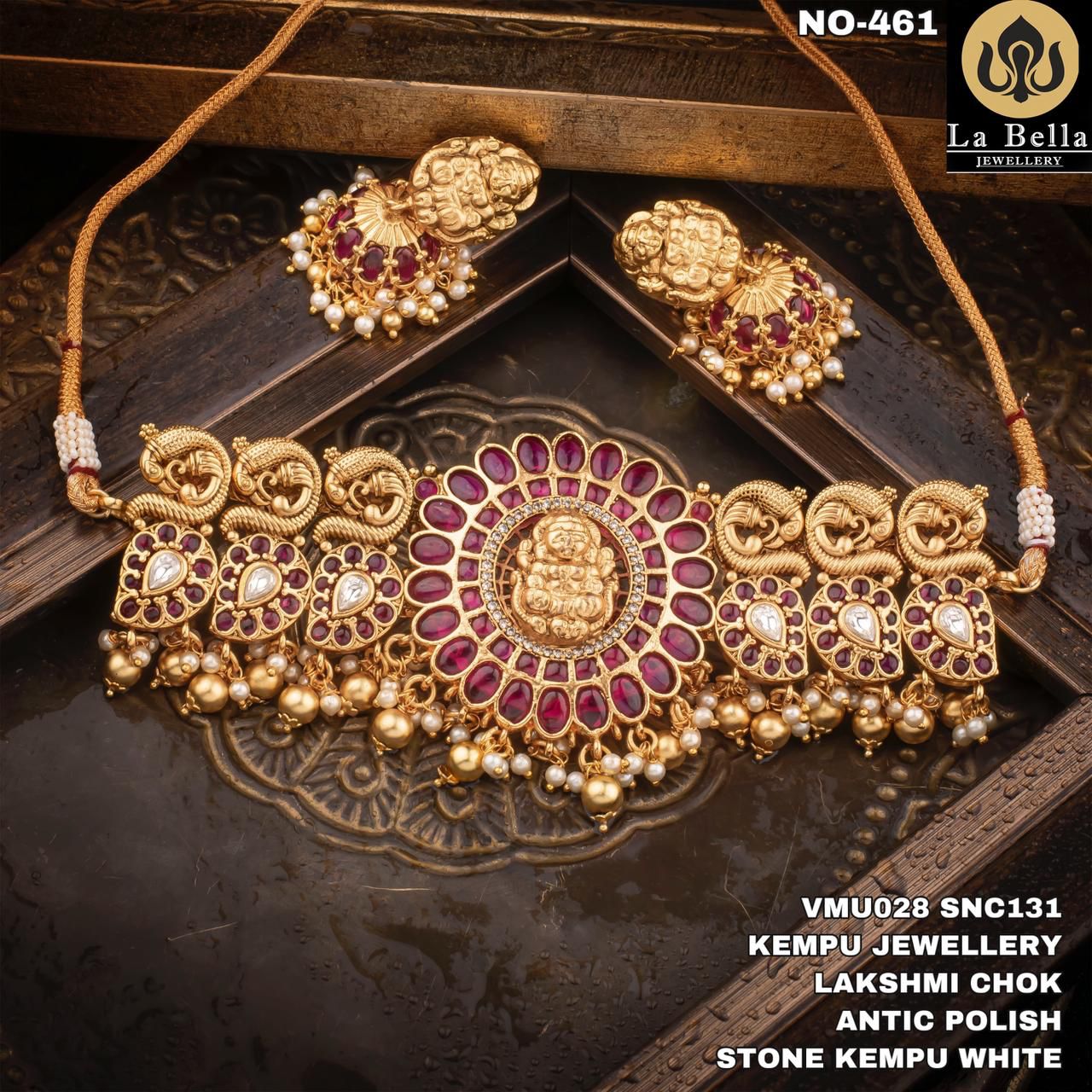 Grand Big Size Temple Style Lakshmi Peacock Choker Set with Jhumkas- Grand Big Size Temple Style Lakshmi Peacock Choker Set with Jhumkas-