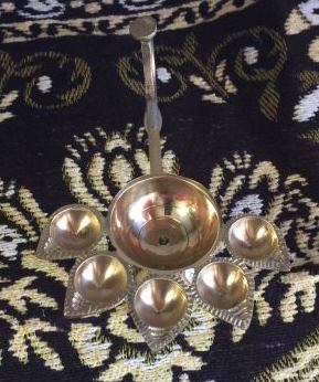 Golden Panch Mukhi Brass Diya / Lamp / Deepak for Aarti Puja - 6.2"