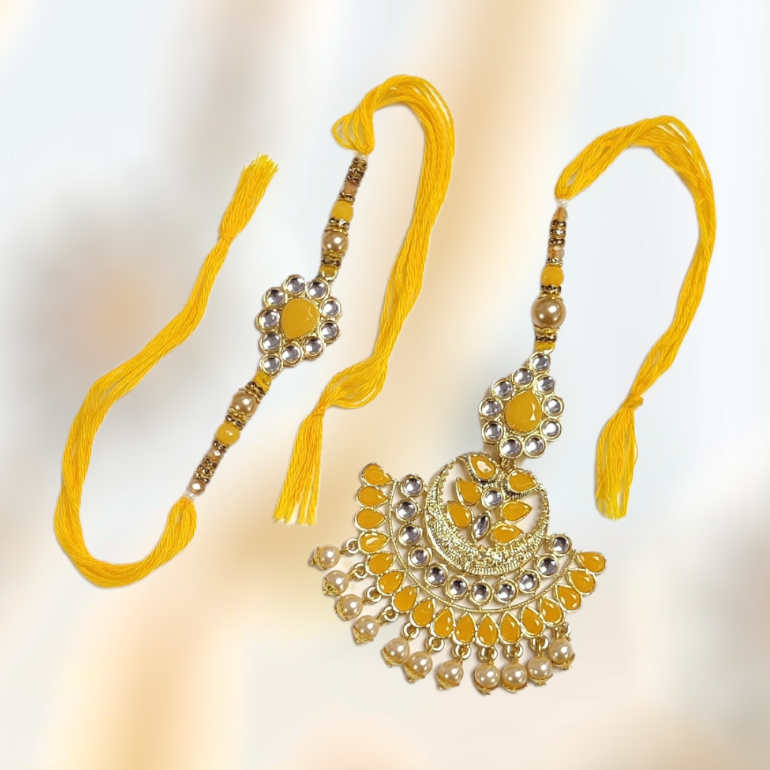 Fancy Yellow Lumba Rakhi With Kundan Work + Roli & Chaval