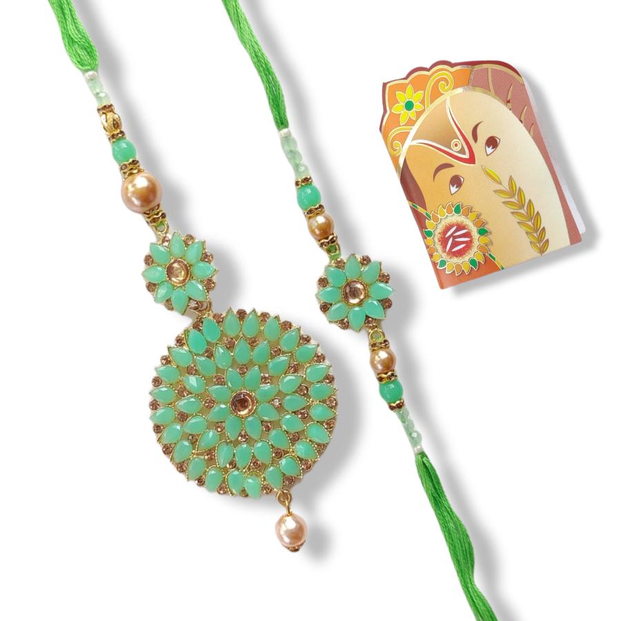 Fancy Lumba Rakhi With Cool Pista Color Stone + Roli & Chaval