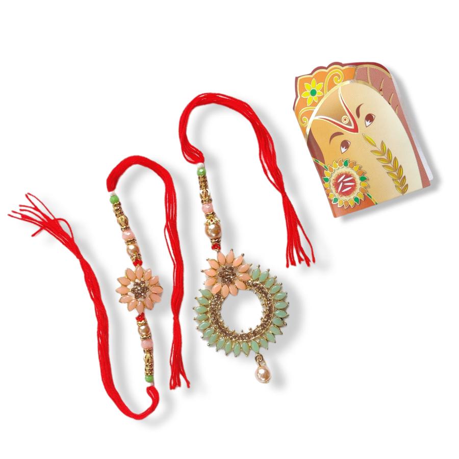 Fancy Lumba Rakhi With Cool Pista and Peach Color Stone + Roli & Chaval 