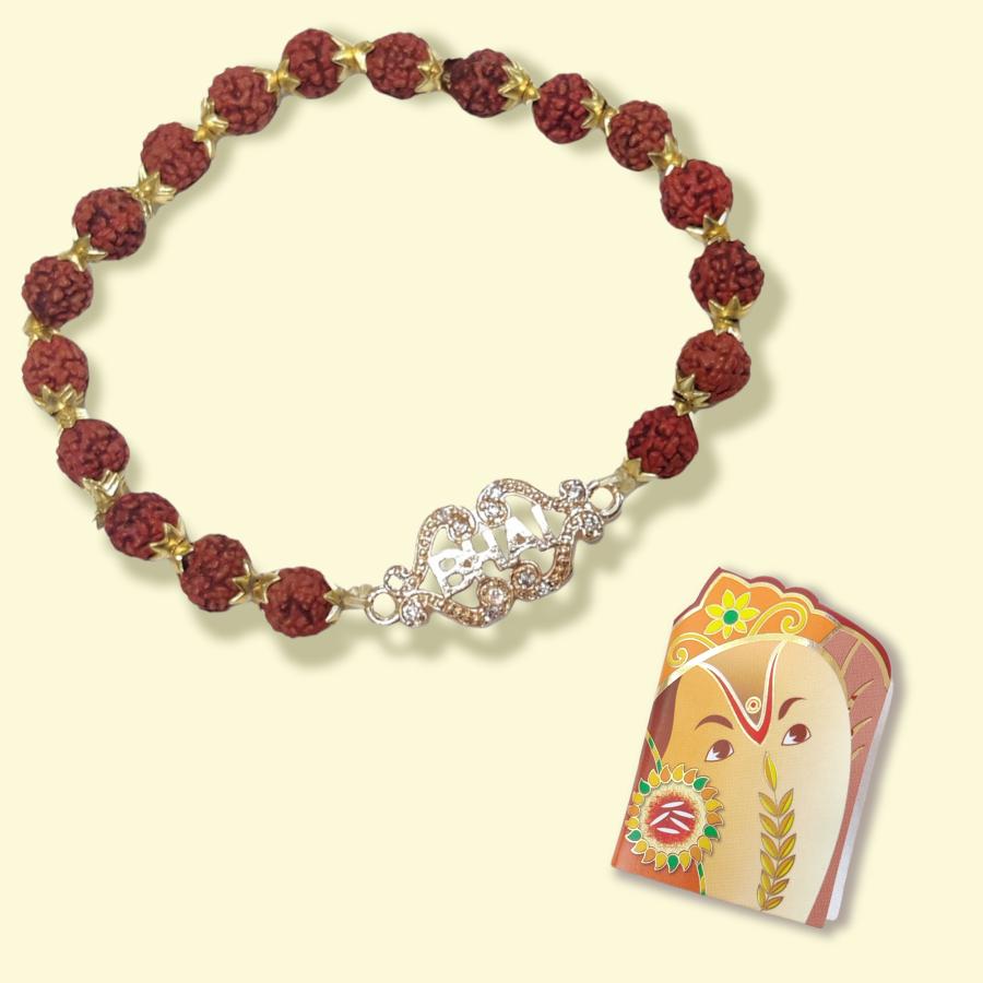 Rudraksha Bracelet with Golden Bhai Pendent + Roli & Chaval Rudraksha Bracelet with Golden Bhai Pendent + Roli & Chaval