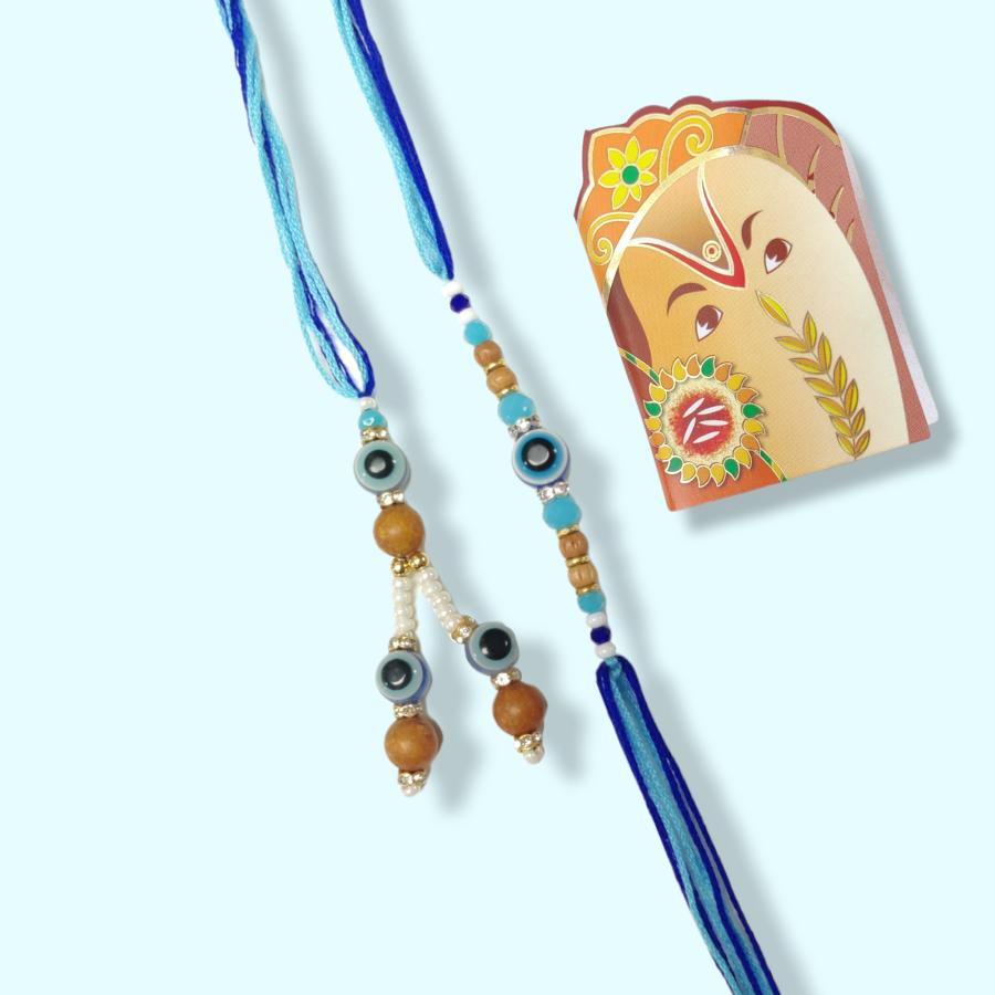 Couple Evil-Eye Rakhi with Polished Crystal Beads + Roli & Chaval Couple Evil-Eye Rakhi with Polished Crystal Beads + Roli & Chaval
