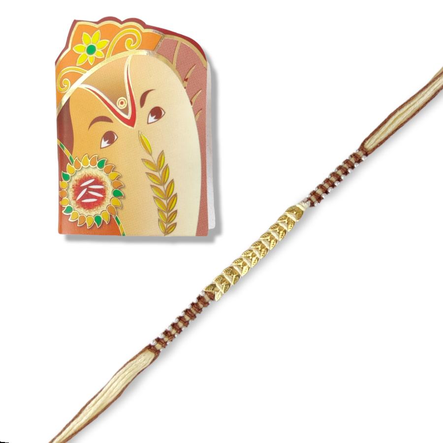 Elegant Rakhi With Golden Leaves + Roli & Chaval