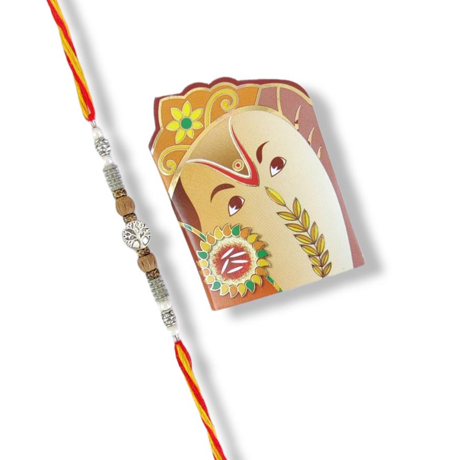 Silver Tree Rakhi with Unique Rudraksha Beads + Roli & Chaval