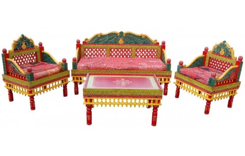 Traditional Hand Carved Classic Sofa Set (3 Pcs, 1 Sofa & 2 Chairs)