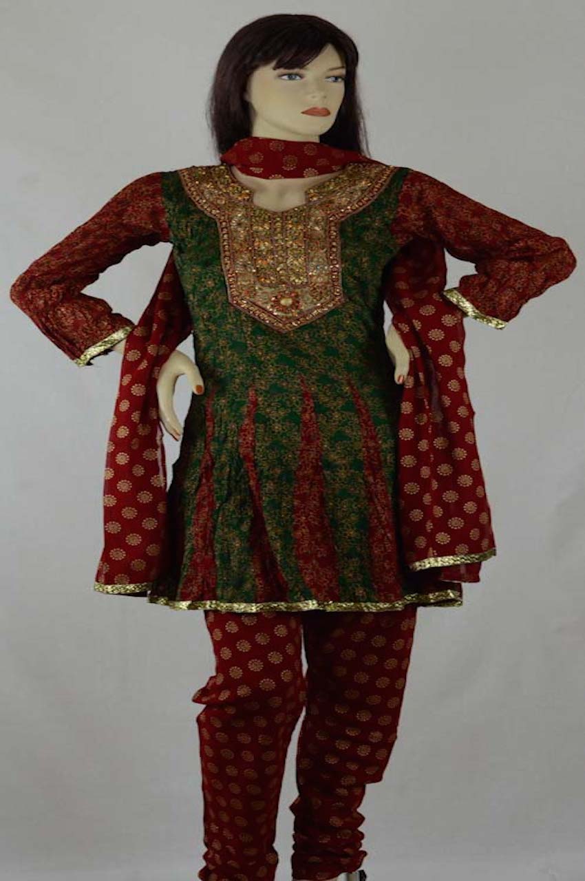 Green & Red Chiffon Crushed Chiffon Readymade Churidar Kameez