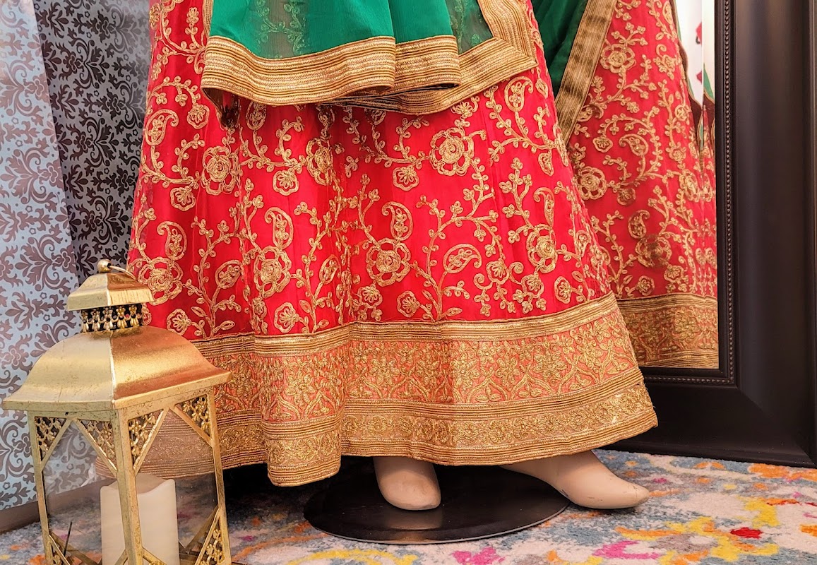 Red & Green Semi-Stitched Lehanga w/ Heavy Embroidery & Blouse Fabric