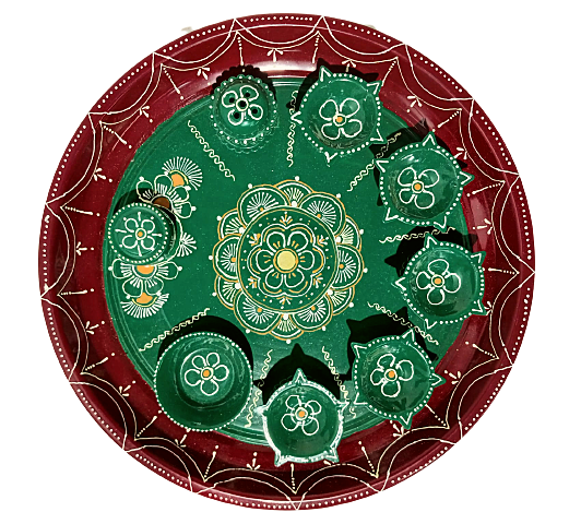 Green Traditional Puja Thali with Red Rim and Accessories - 10.5" Green Traditional Puja Thali with Red Rim and Accessories - 10.5"