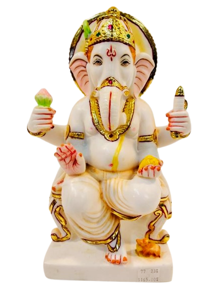 White Fiber in Marble Finishing W/Golden Color Ganesh Statue W/Mouse - 9" White Fiber in Marble Finishing W/Golden Color Ganesh Statue W/Mouse - 9"