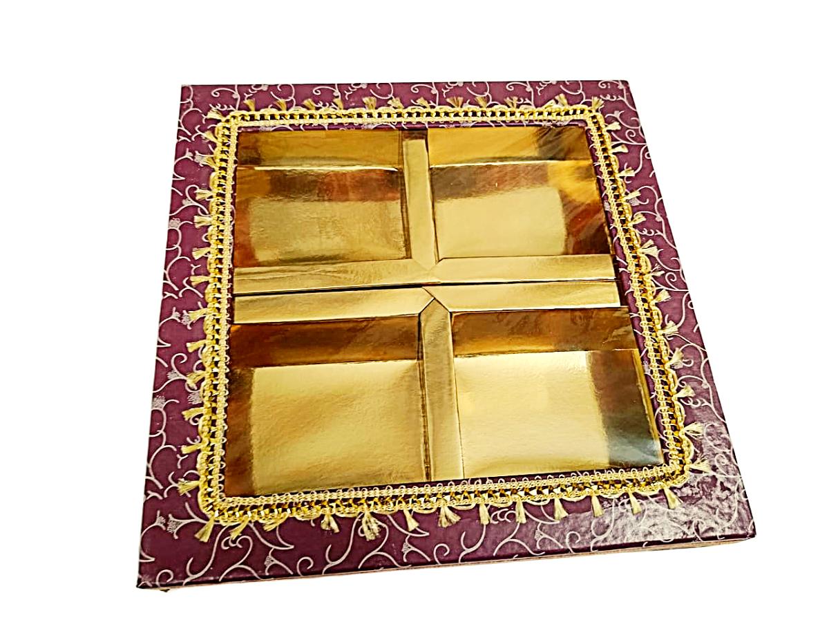24 Pcs Square Decorative Empty DryFruit Boxes - 4 Compartment (Maroon)