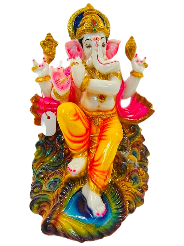 Beautiful n Colorful Fiber Ganesh Statue W/Peacock Feather Design - 11" # 2 Beautiful n Colorful Fiber Ganesh Statue W/Peacock Feather Design - 11" # 2