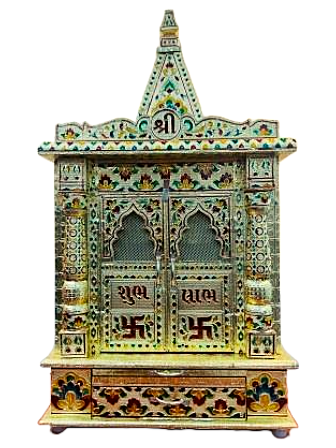 Traditional Aluminium Golden Meenakari Plated Temple W/ Door - 25.25"