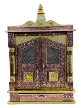 Traditional Aluminium Oxidised & Golden Plated Temple W/ Door & Bells - 23" Traditional Aluminium Oxidised & Golden Plated Temple W/ Door & Bells - 23"
