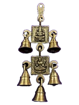 Brass Made Antique Wall Hanging Decor of Lakshmiji & Ganeshji w/ Bells 9" Brass Made Antique Wall Hanging Decor of Lakshmiji & Ganeshji w/ Bells 9"