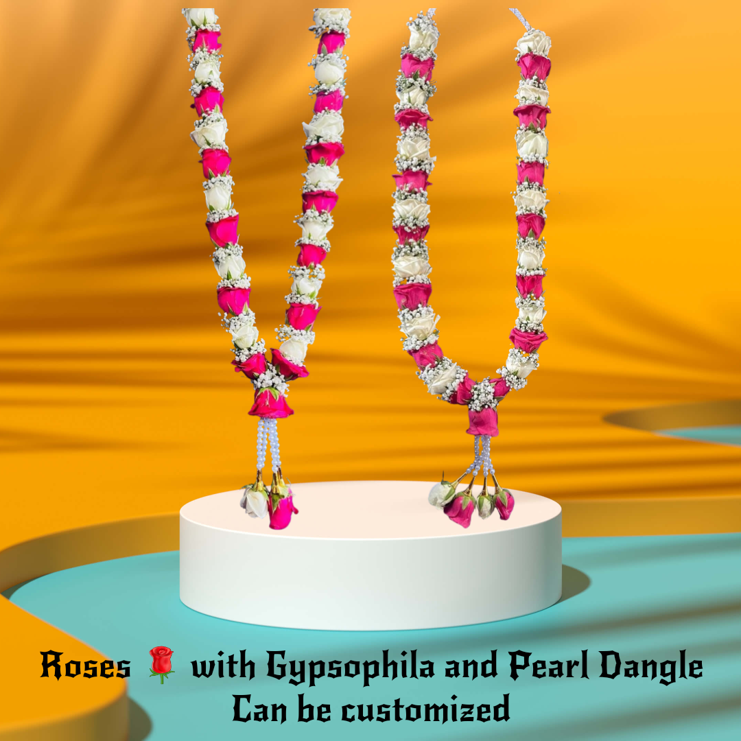 Fresh Flower Indian Style Garlands - Roses with baby breath Pair(2 garlands Fresh Flower Indian Style Garlands - Roses with baby breath Pair(2 garlands