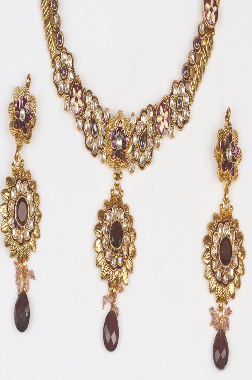 Purple, White & Golden Color Stone Studded Necklace Set #30164 | Buy ...