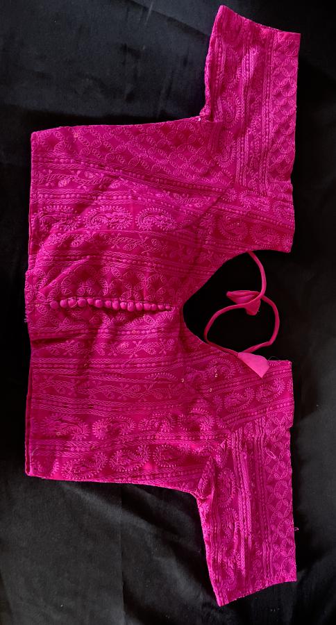 Dark Rani Pink Chikankari Embroidery Readymade Saree Blouse (S)