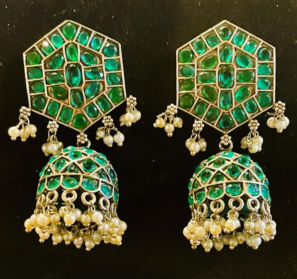 Pure Emerald German Silver Jhumka Earrings