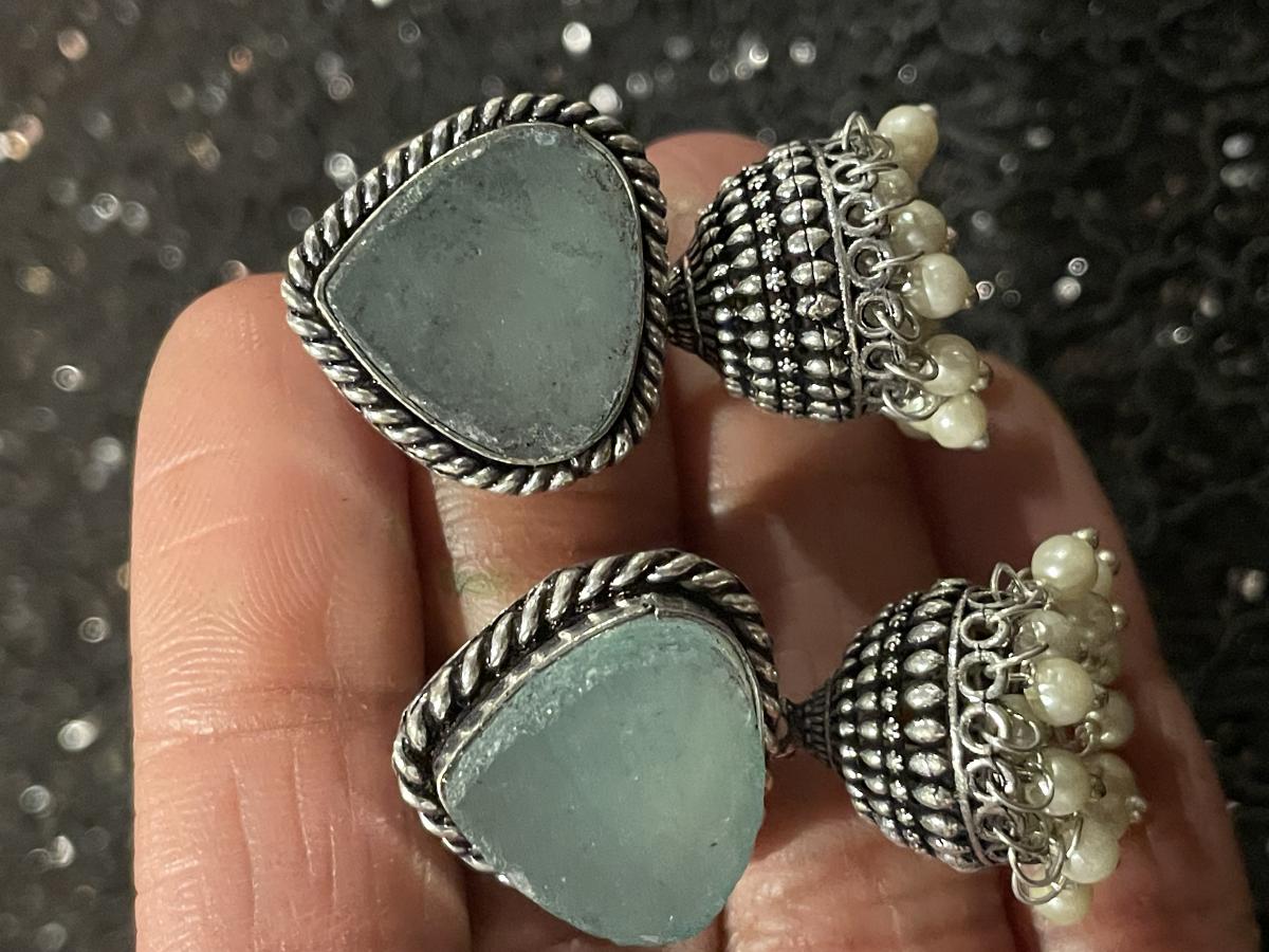 German Silver Jhumki Earrings (Mint)