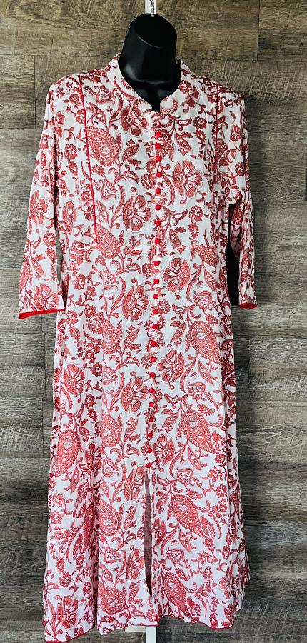 Floral Print Red White Pure Cotton Long Kurti Tunic (XL) Floral Print Red White Pure Cotton Long Kurti Tunic (XL)