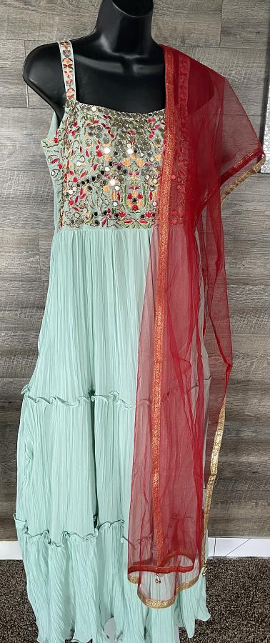Pure Designer Georgette Crush Embroidery Mirror Work Long Dress (S) Pure Designer Georgette Crush Embroidery Mirror Work Long Dress (S)
