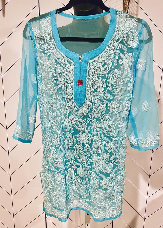 Blue Pure Georgette Chikankari Short Kurti (Inner not Included) (M, L & XL) Blue Pure Georgette Chikankari Short Kurti (Inner not Included) (M, L & XL)