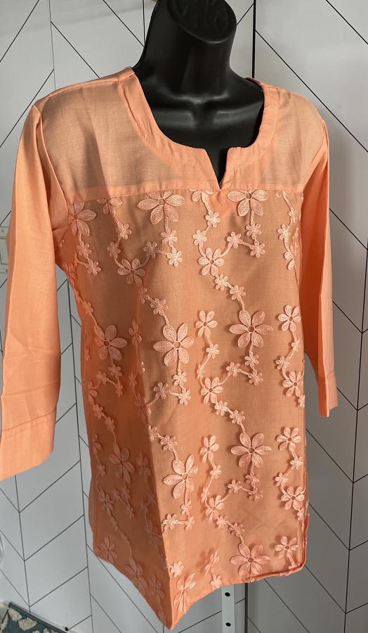 Light Orange Pure Soft Cotton Kurti w/ Net Embroidery Work (L) Light Orange Pure Soft Cotton Kurti w/ Net Embroidery Work (L)