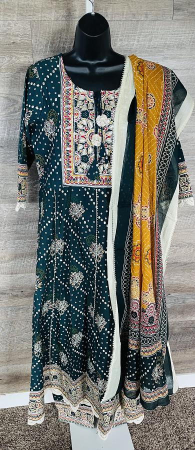 Long Pure Cotton Embroidery Work Printed Anarkali w/ Pant & Dupatta M-2XL Long Pure Cotton Embroidery Work Printed Anarkali w/ Pant & Dupatta M-2XL
