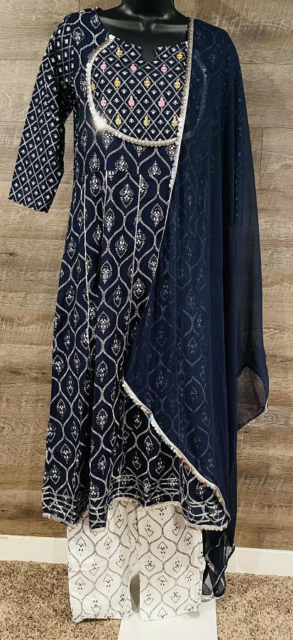 Black Pure Cotton Embroidery Work Anarkali Kurti w/ Pant & Dupatta Black Pure Cotton Embroidery Work Anarkali Kurti w/ Pant & Dupatta