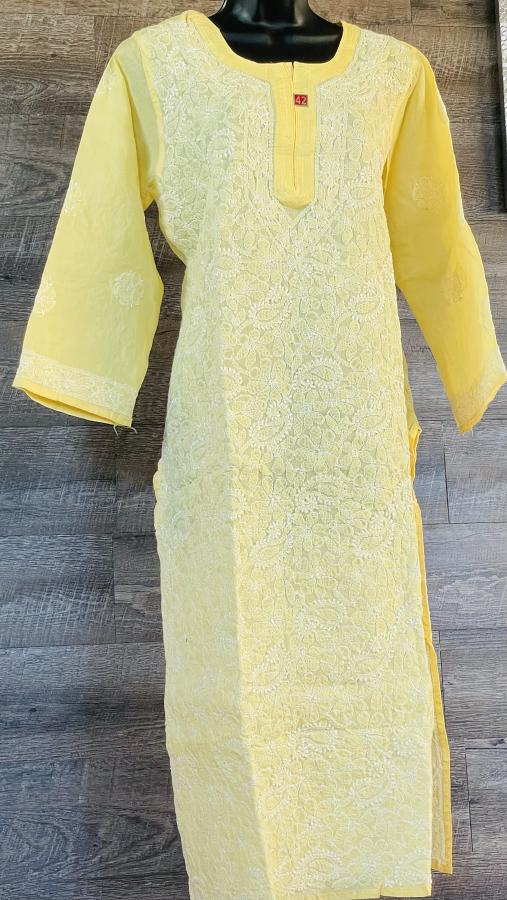Bright Pure Cotton Yellow Embroidery Work Kurti (XL) Bright Pure Cotton Yellow Embroidery Work Kurti (XL)