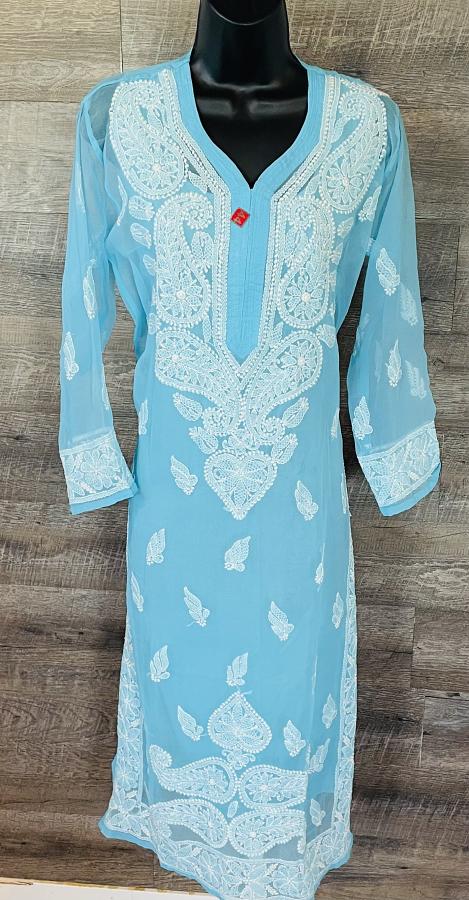 Cool Blue Pure Georgette Chikankari Embroidery Work Kurti (2XL)