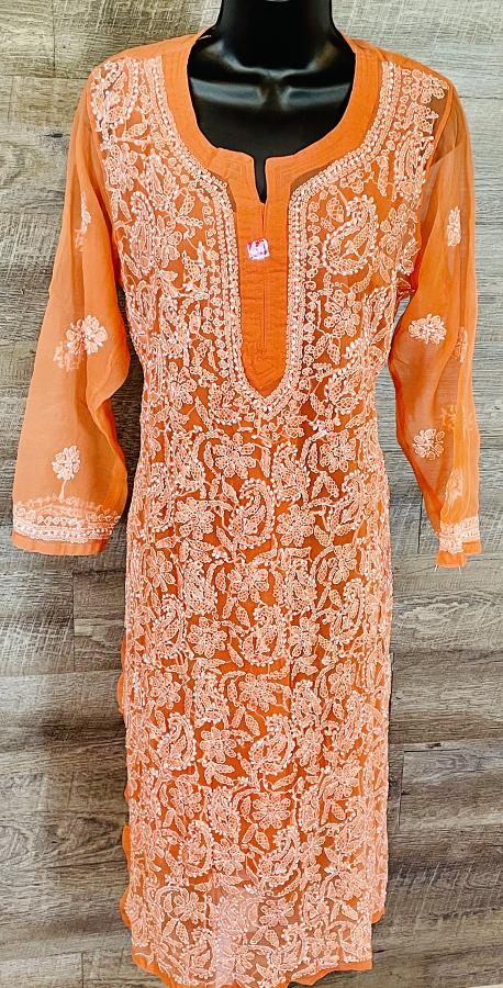 Orange Pure Georgette Chikankari Embroidery Work Kurti (2XL) Orange Pure Georgette Chikankari Embroidery Work Kurti (2XL)