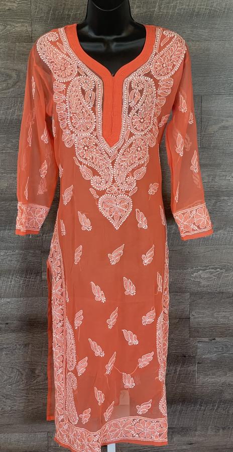 Pure Georgette Chikankari Embroidery Work Orange Kurti (XL) Pure Georgette Chikankari Embroidery Work Orange Kurti (XL)