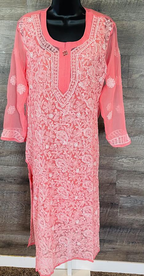 Bright Pure Georgette Chikankari Traditional Embroidery Work Kurti (2XL)