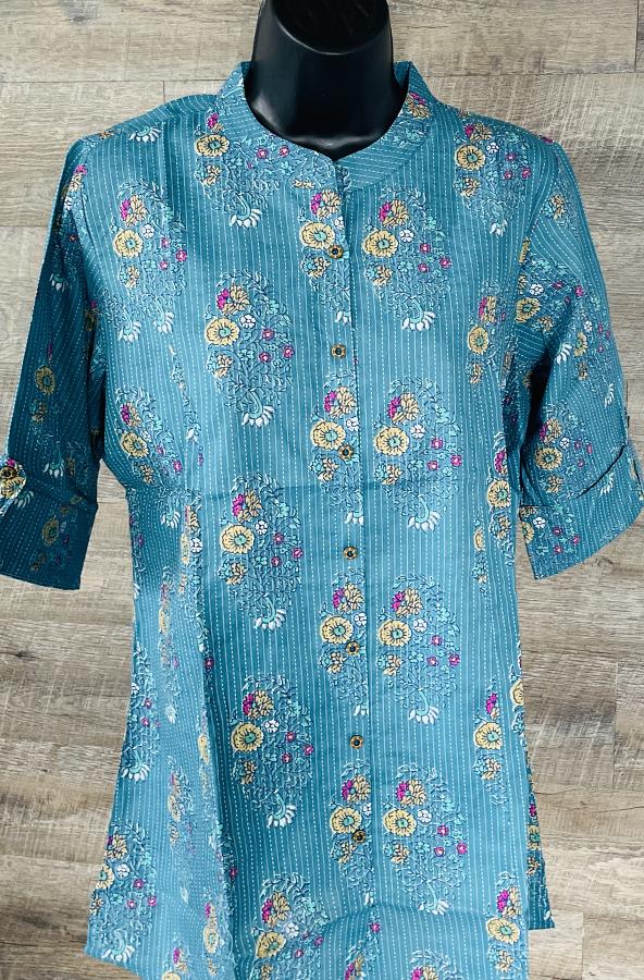 Princess Cut Light Blue Cotton Block Print Short Kurti Tunic (S & XL) Princess Cut Light Blue Cotton Block Print Short Kurti Tunic (S & XL)