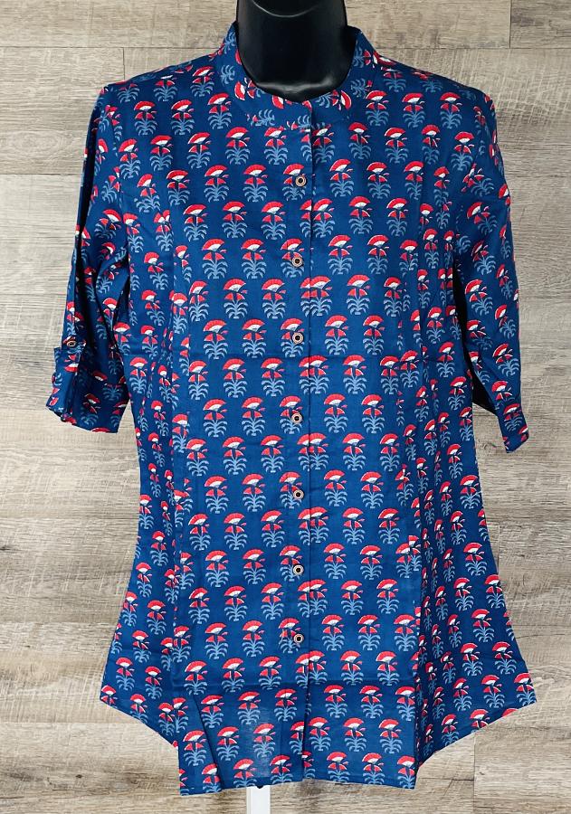 Princess Cut Cotton Block Print Short Kurti Tunic in Blue (S) Princess Cut Cotton Block Print Short Kurti Tunic in Blue (S)