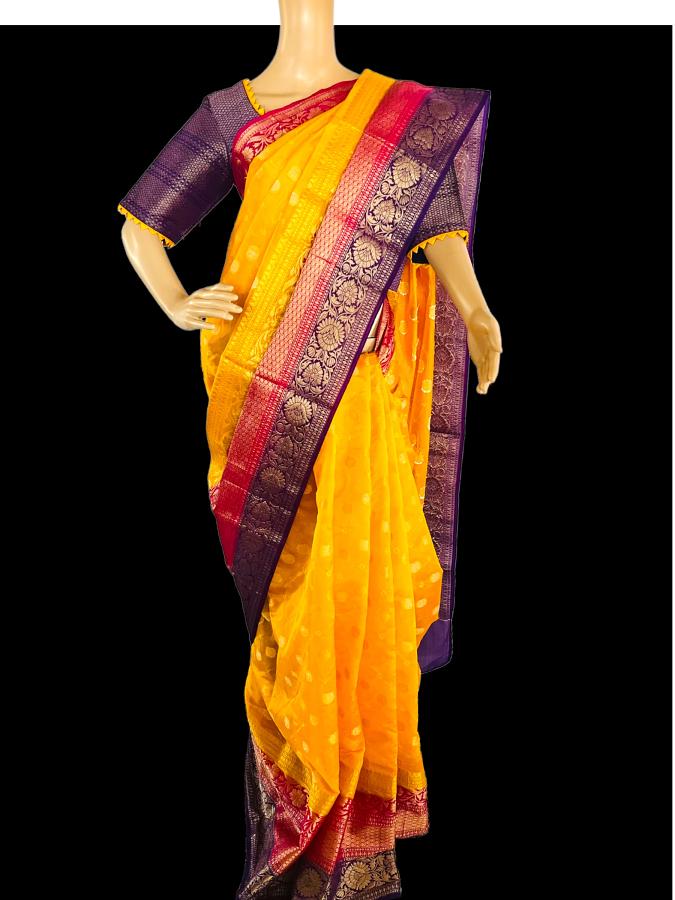 Pure Soft Semi Banarasi Festive Orange Saree w/ Bandhani Print Blouse