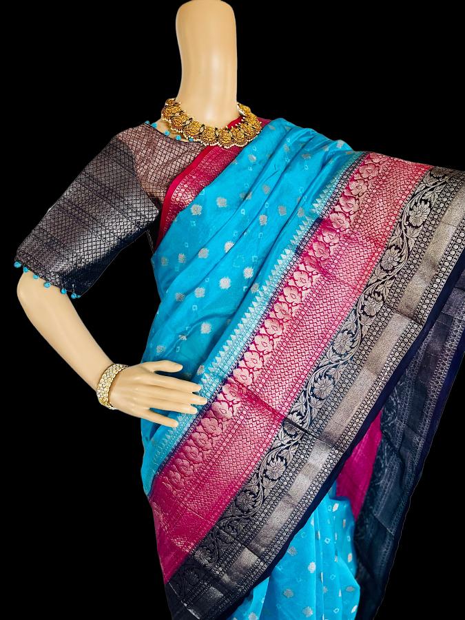 Pure Soft Semi Banarasi Blue Saree w/ Bandhani Print Blouse 38" Pure Soft Semi Banarasi Blue Saree w/ Bandhani Print Blouse 38"