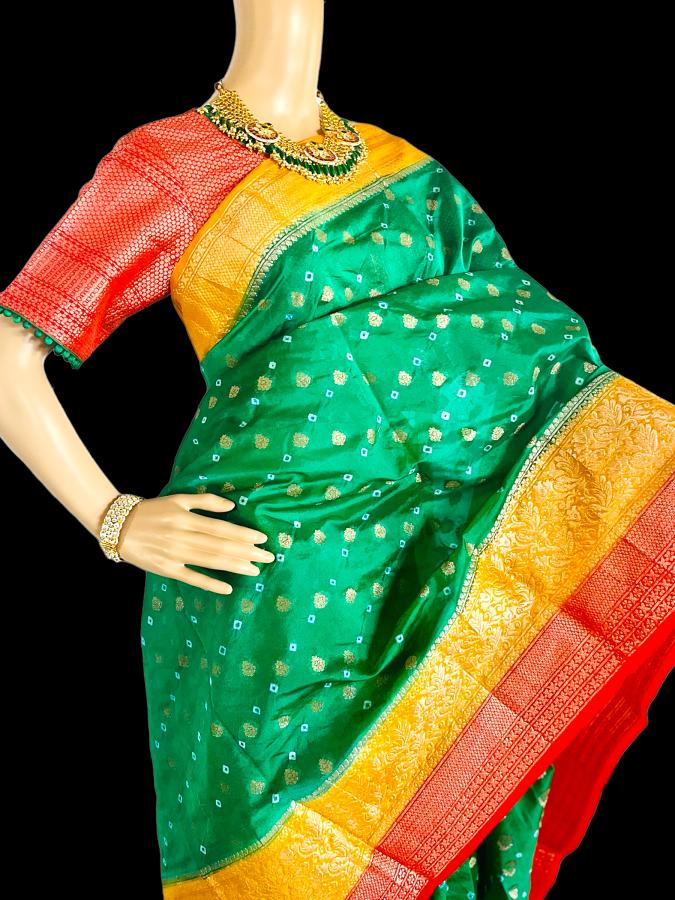 Pure Soft Semi Banarasi Saree with Bandhani Print Blouse 38"+ Pure Soft Semi Banarasi Saree with Bandhani Print Blouse 38"+