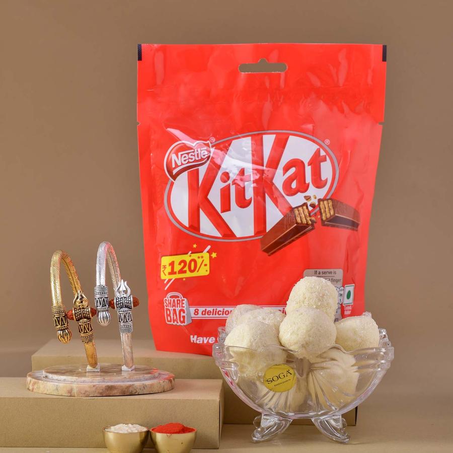 Shiv Kripa set of 2 Bracelets with Coconut Mithai and Kitkat Chocolate Shiv Kripa set of 2 Bracelets with Coconut Mithai and Kitkat Chocolate