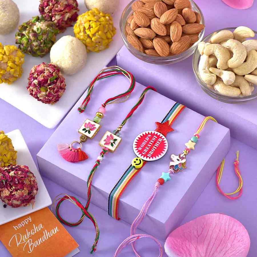 Lumba Rakhi & 2 kids Rakhi w/ 12 pcs. Assorted Sweets & Dry Fruit Lumba Rakhi & 2 kids Rakhi w/ 12 pcs. Assorted Sweets & Dry Fruit
