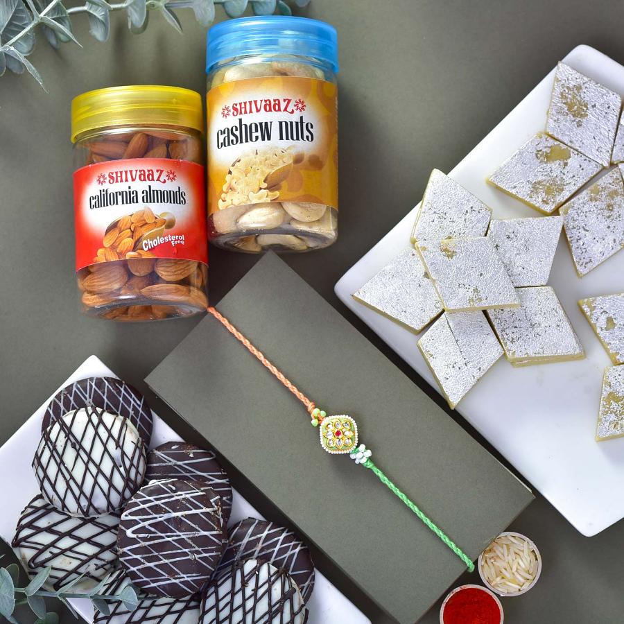 Meena Rakhi Hamper with Kaju Katli, Almonds,Cashew and Chocolate Cookies