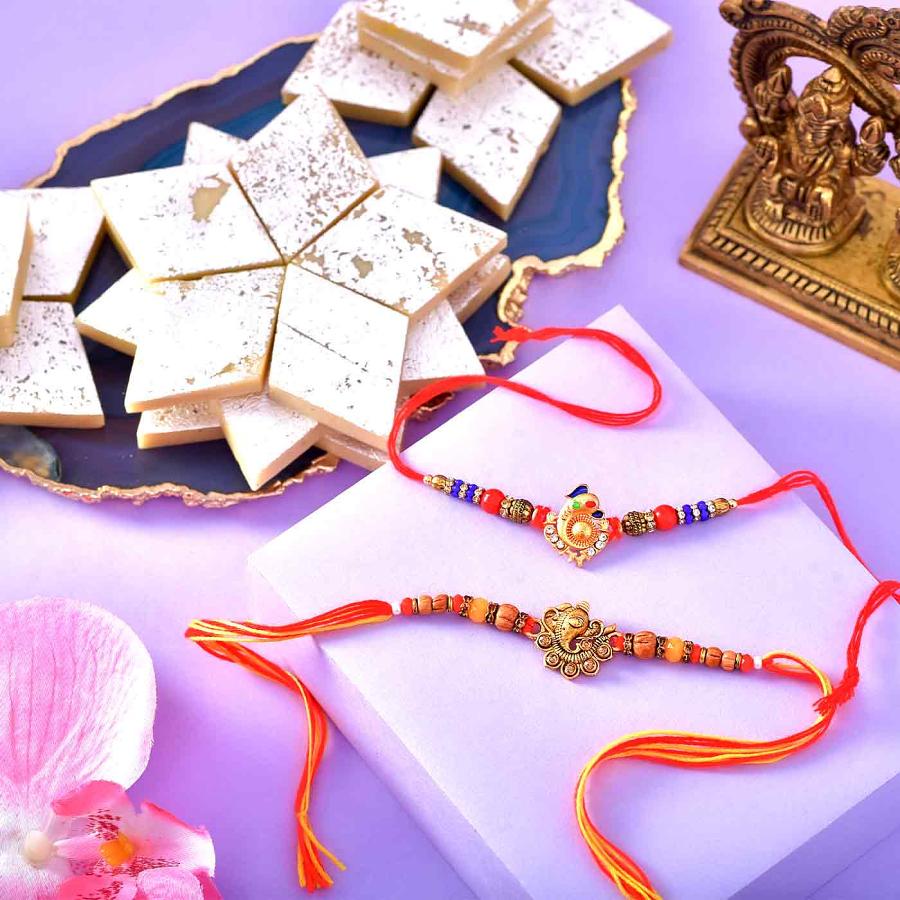 Ganesha Beaded Rakhi set of 2 with kaju katli