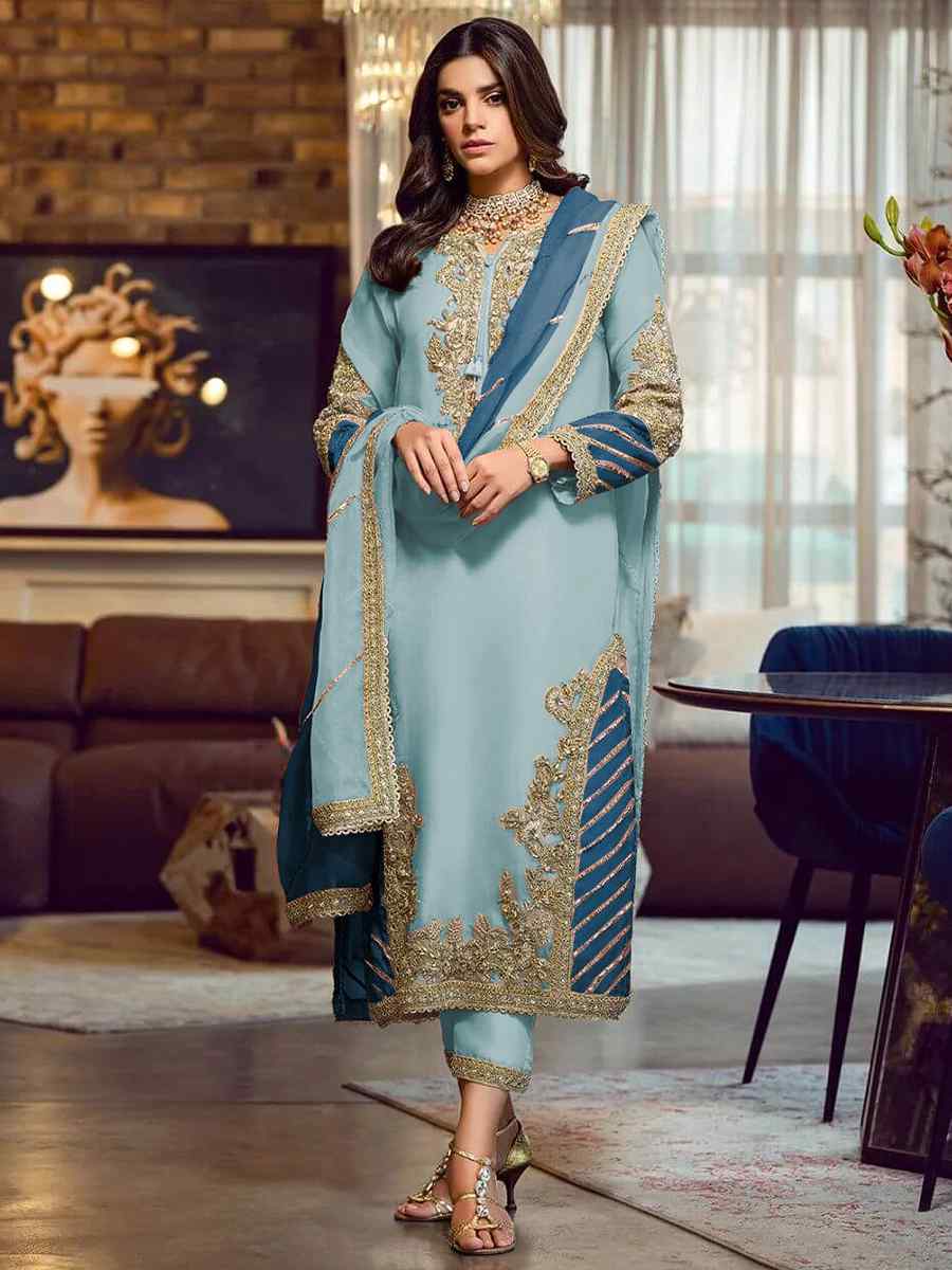 Silk Cotton Sky Blue Salwar Suit – Kumaran Silks