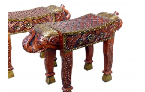 Carved Elephant Brass Finish Stools / Tables (2 pcs)